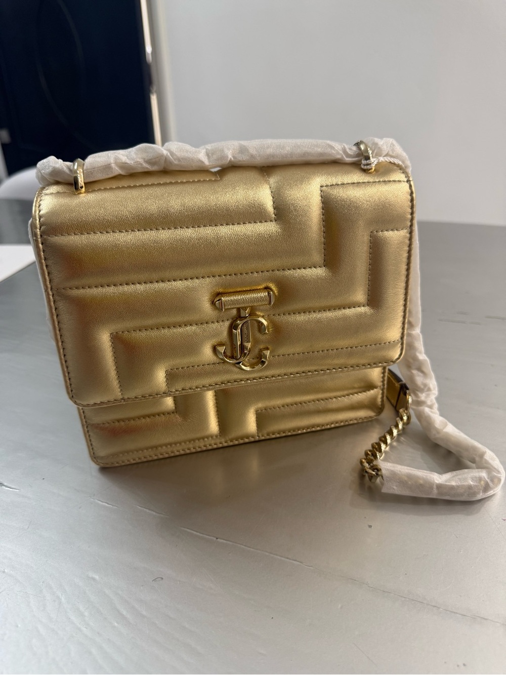 Authentic New Jimmy Choo Metallic Gold Quilted Crossbody Bag with Chain straps